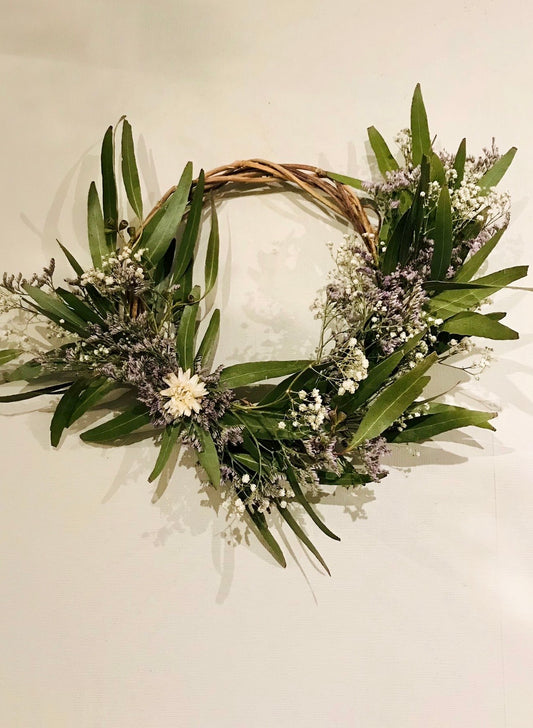 Eucalyptus & Sea Lavender Dried Flower Wreath on Twisted Hop Vine